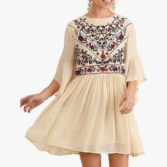 Umgee The Lily Dress Boho Embroidered Gauze Flowy 3/4 Sleeve Mini Dress Size L - Picture 1 of 10